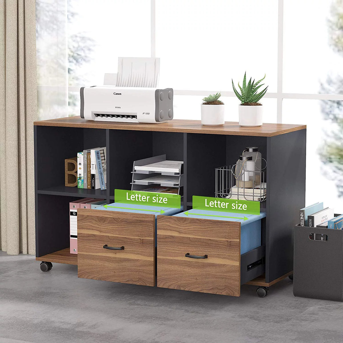 L-Shaped Computer Desk with File Cabinet and Storage Shelves V725