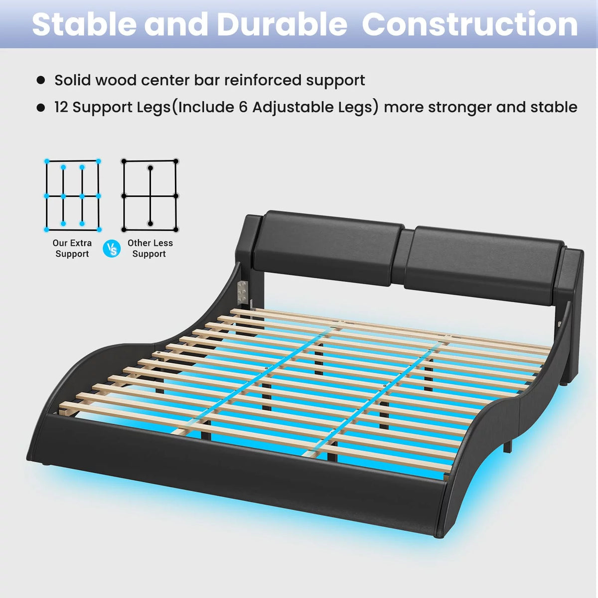 King Size Faux Leather Platform Bed Frame with Headboard and LED Lights M70667