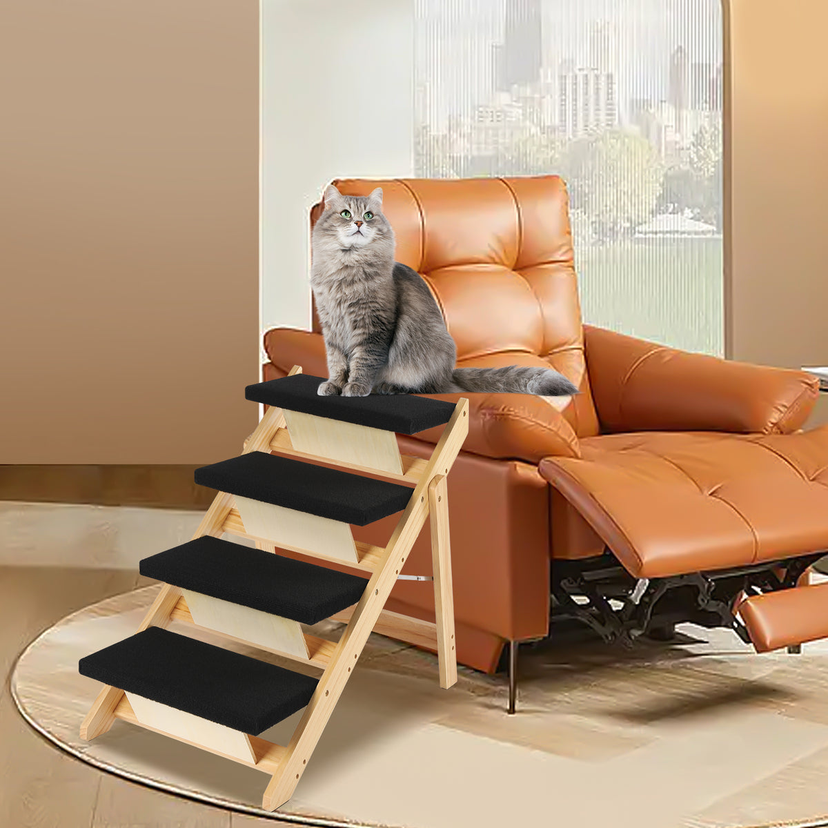Pet Stairs Foldable Pine Wood Natural Black X40138