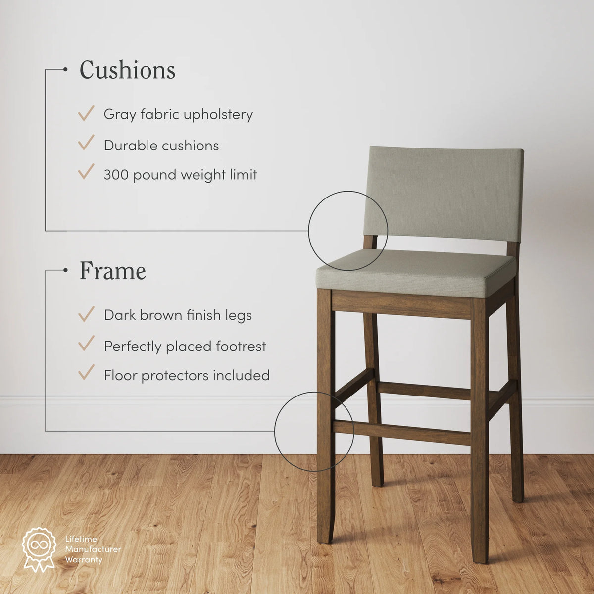 Light Gray Upholstered Bar Stool with Back and Solid Rubberwood Legs F3204