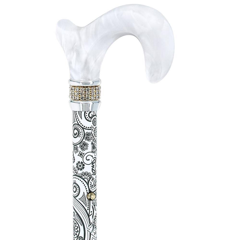 White Pearlz Rhinestone Collar Black Swirl Adjustable Folding Cane C8029