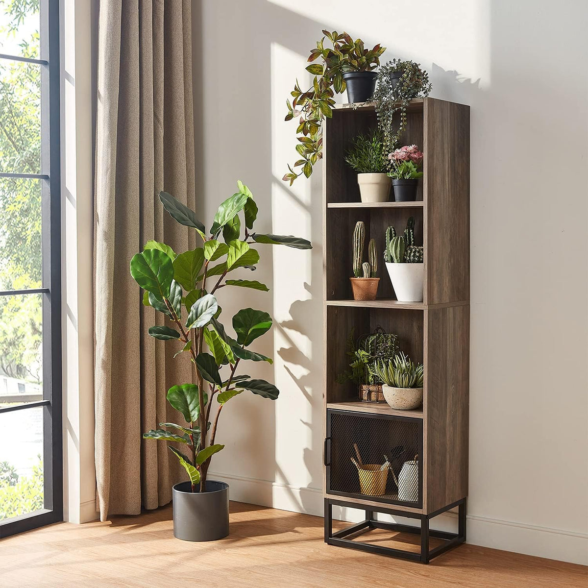 Grey 4-Tier Wood Bookcase with 4 Display Cases N812014