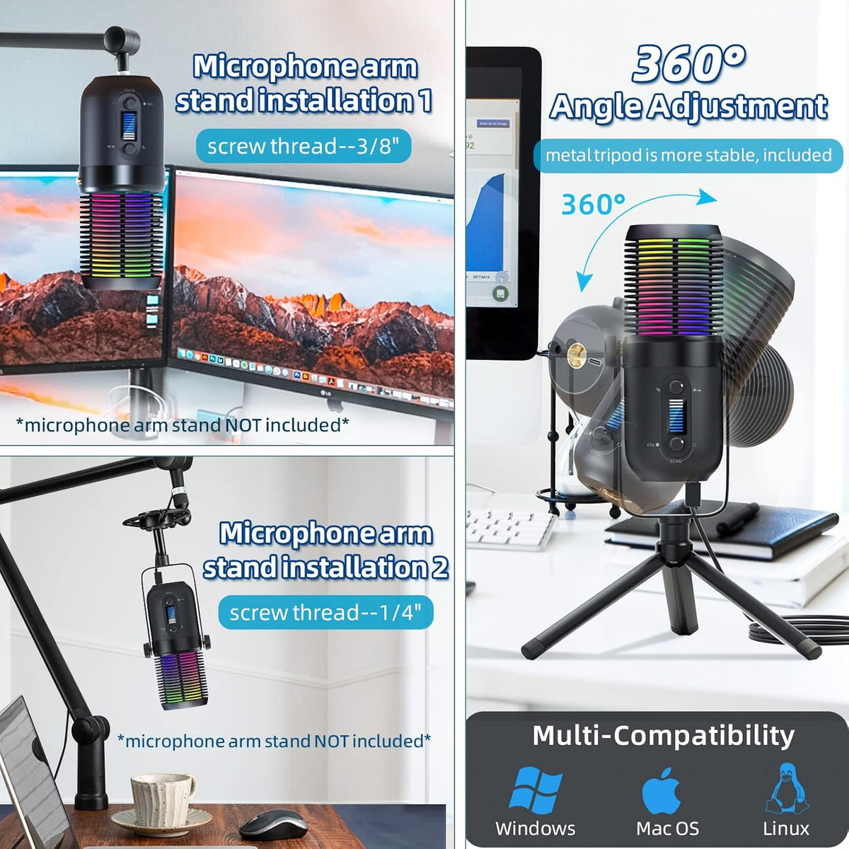 RGB Gaming USB Condenser Microphone with Tripod Stand, Pack of 2 K6468