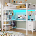 Twin Metal Loft Bed with L-Shaped Desk, LED Lights, Charging Station, Fabric Drawers & Shelves, White S2433
