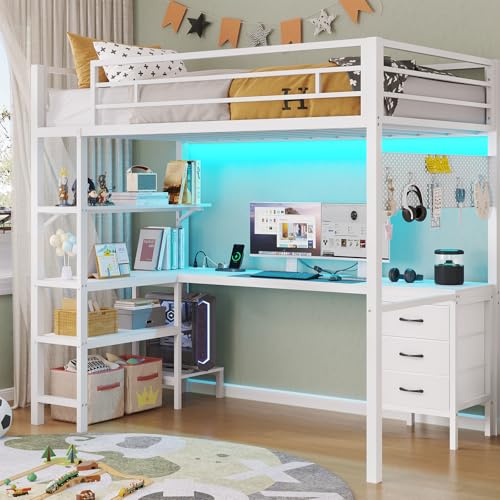 Twin Metal Loft Bed with L-Shaped Desk, LED Lights, Charging Station, Fabric Drawers & Shelves, White S2433