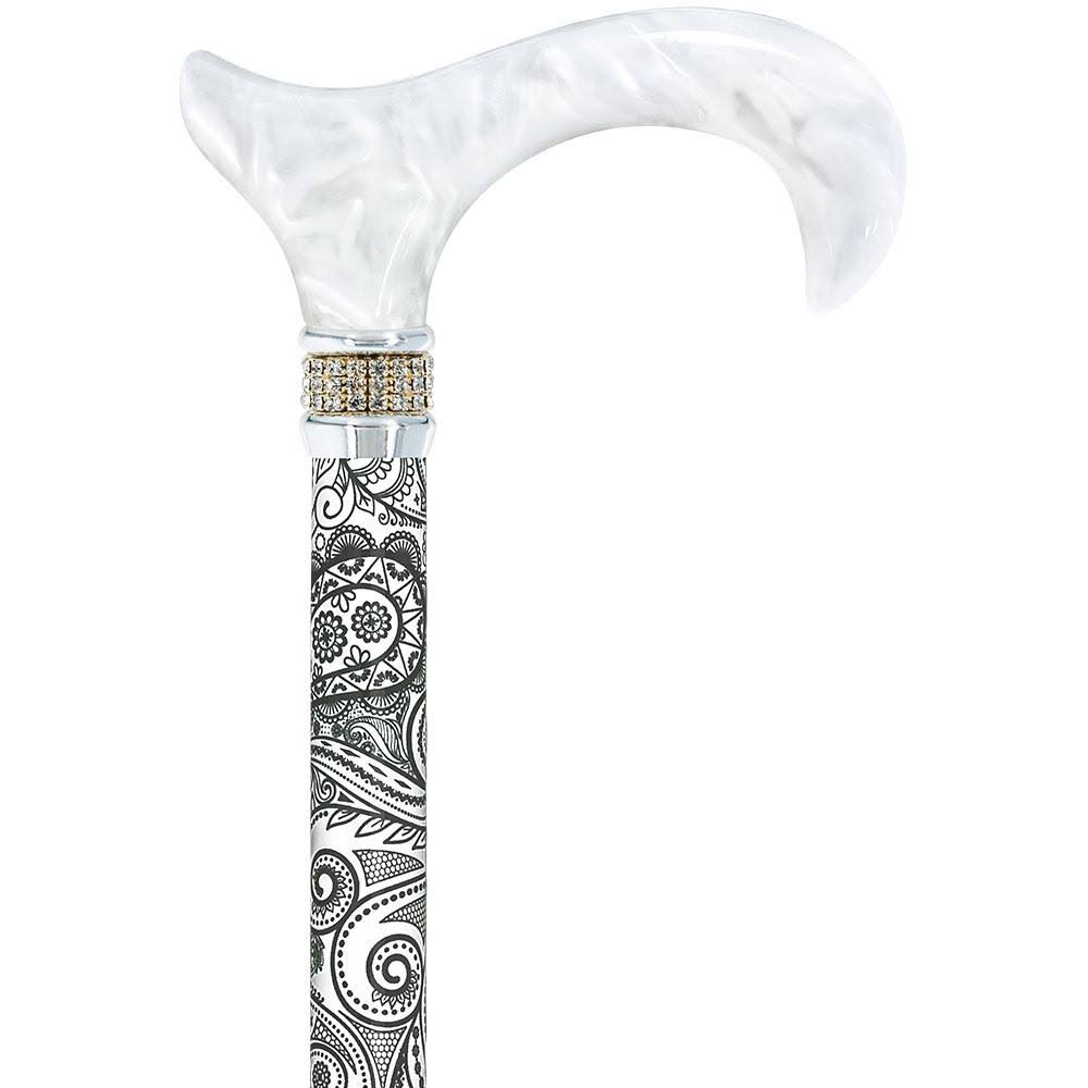 White Pearlz Rhinestone Collar Black Swirl Adjustable Folding Cane C8029