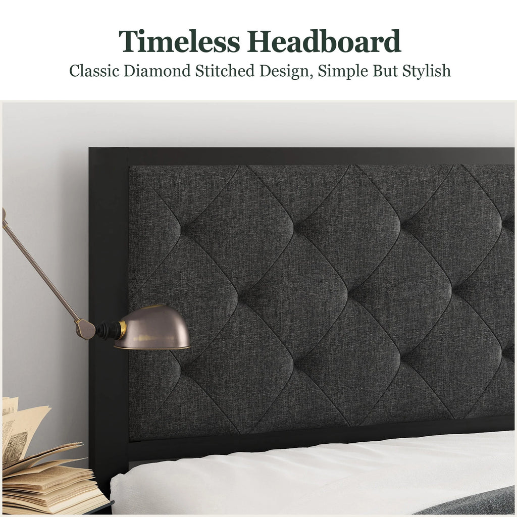 Twin Size Metal Bed Frame with Upholstered Headboard F589