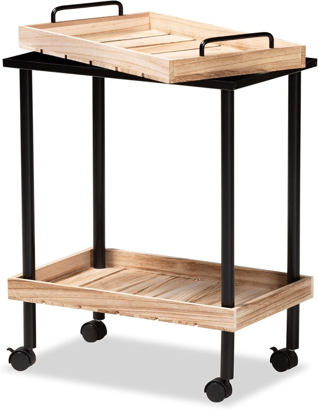Oak Brown Finished Wood and Black Metal Kitchen Cart W588