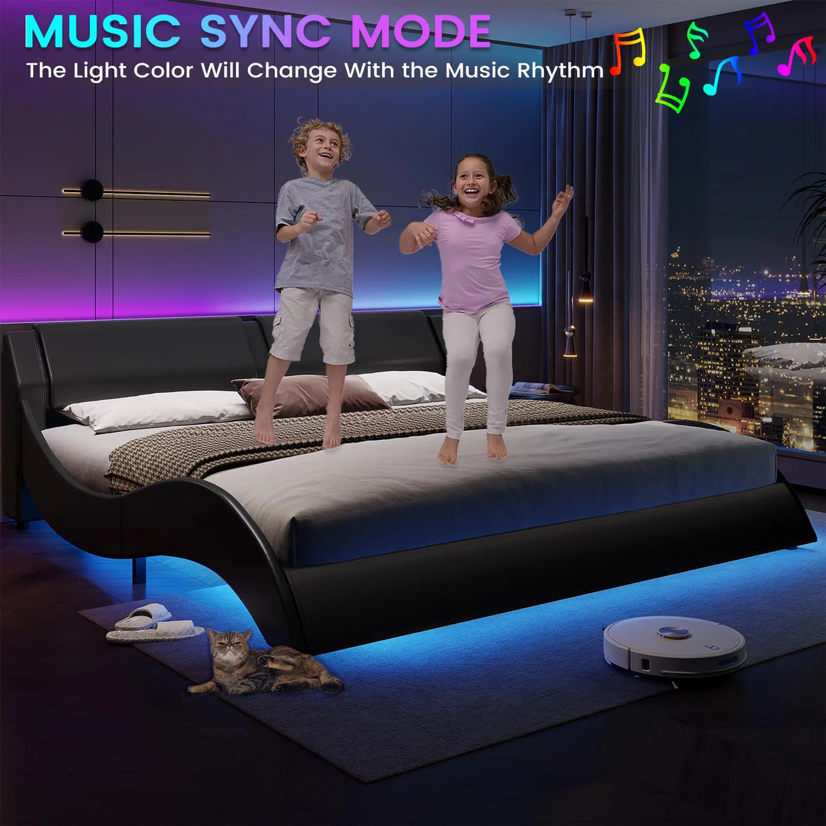 King Size Faux Leather Platform Bed Frame with Headboard and LED Lights M70667