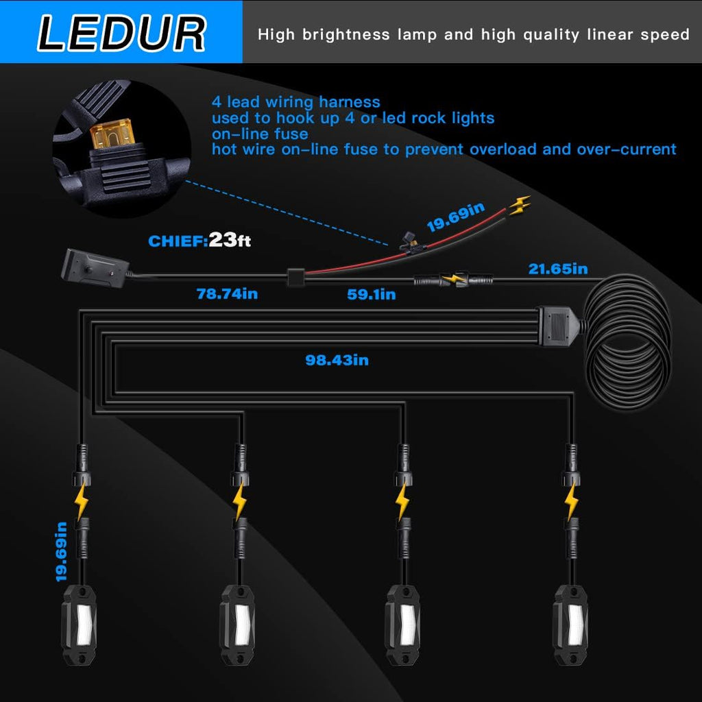 White LED Rock Lights 4 Pods with Switch Wire Harness Y914248