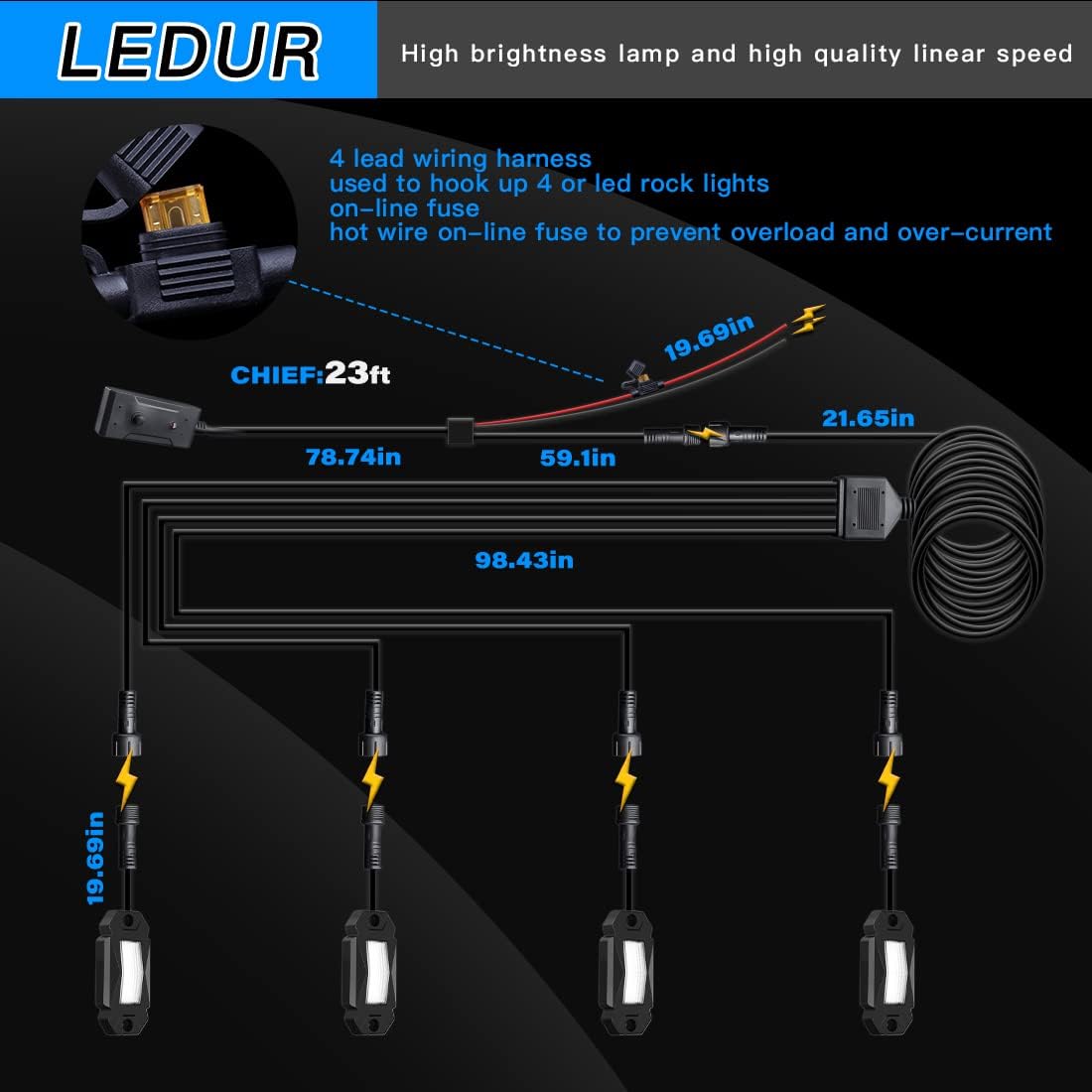 White LED Rock Lights 4 Pods with Switch Wire Harness Y914248