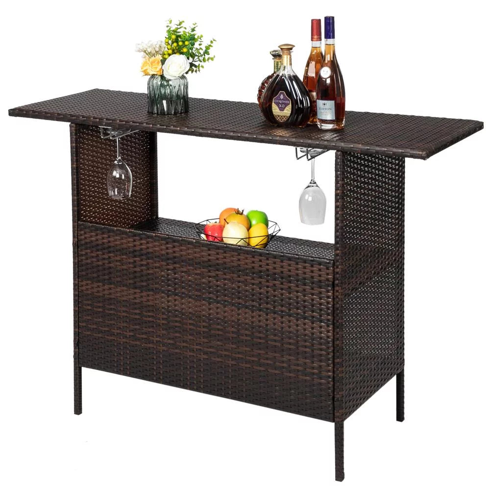 Rattan Wicker Bistro Table with Storage Space Y3926