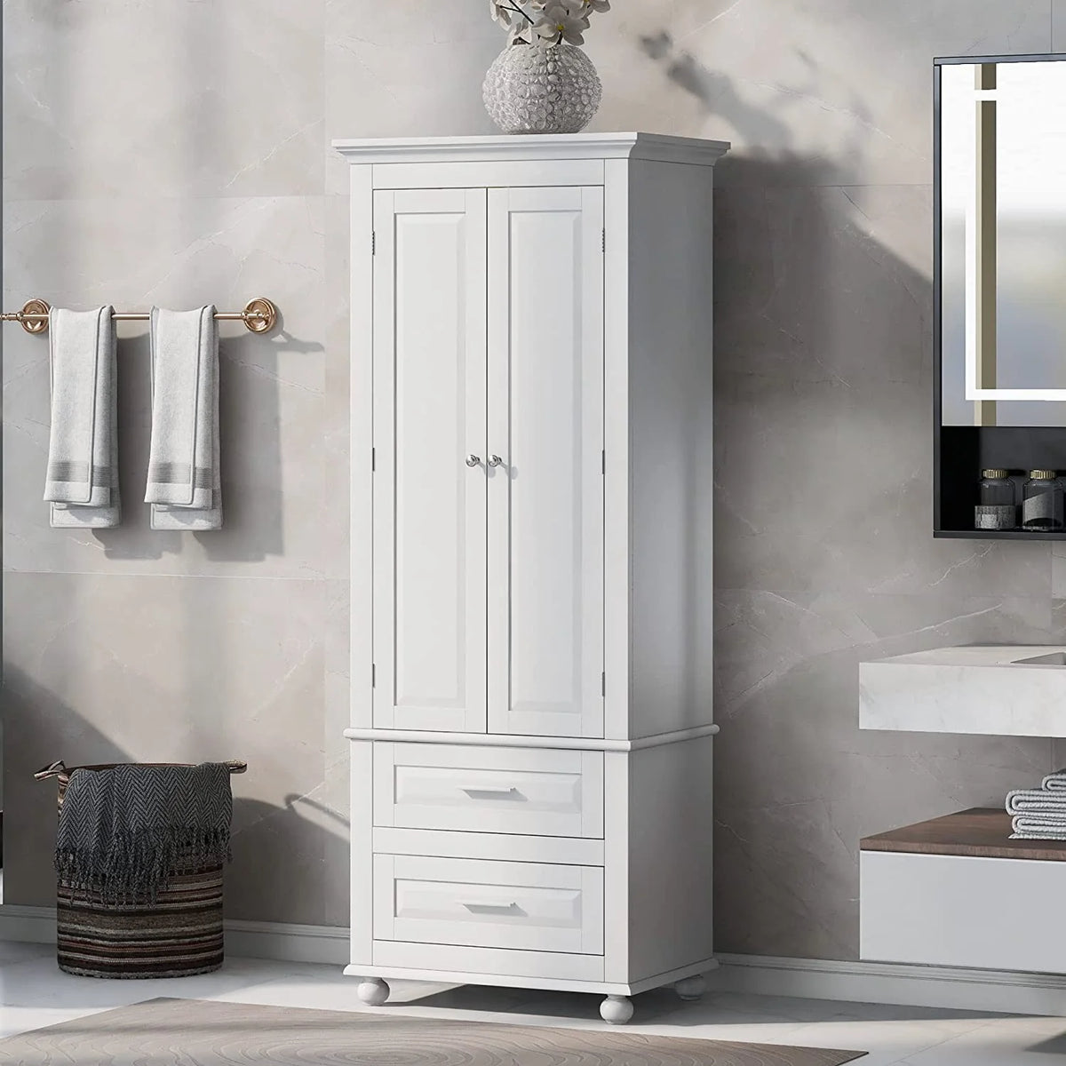 White Storage Cabinet with Doors and 2 Drawers A9203