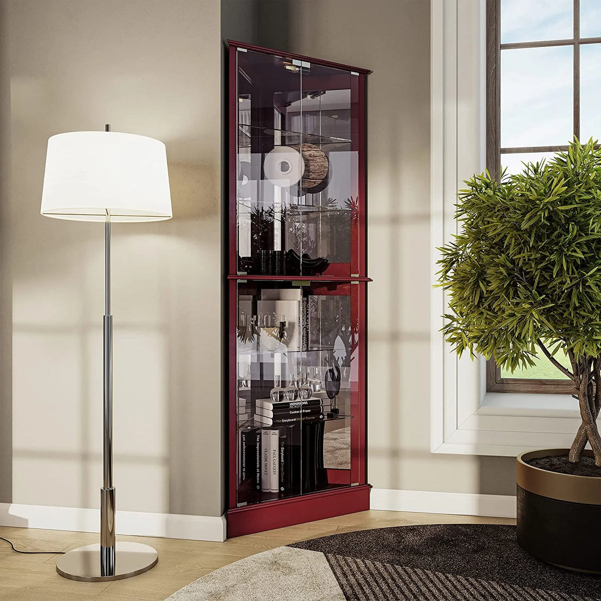 Lighted Corner Curio Cabinet with Tempered Glass Door, 6 Shelves T809230