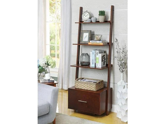 Espresso Finish Ladder Bookcase with File Drawer Y675929