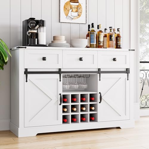White Buffet Cabinet with 3 Drawers and Sliding Barn Door W5848