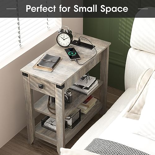 Set of 2 Narrow Side Table with Charging Station and Storage Drawer Rustic Grey F64988