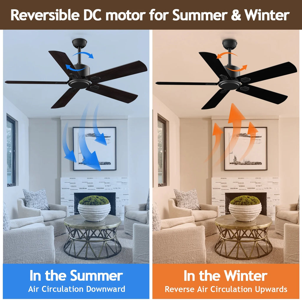 52" Ceiling Fan with Remote Control No Light, 6 Speeds Reversible DC Motor 5 Blades Black/Walnut C2687