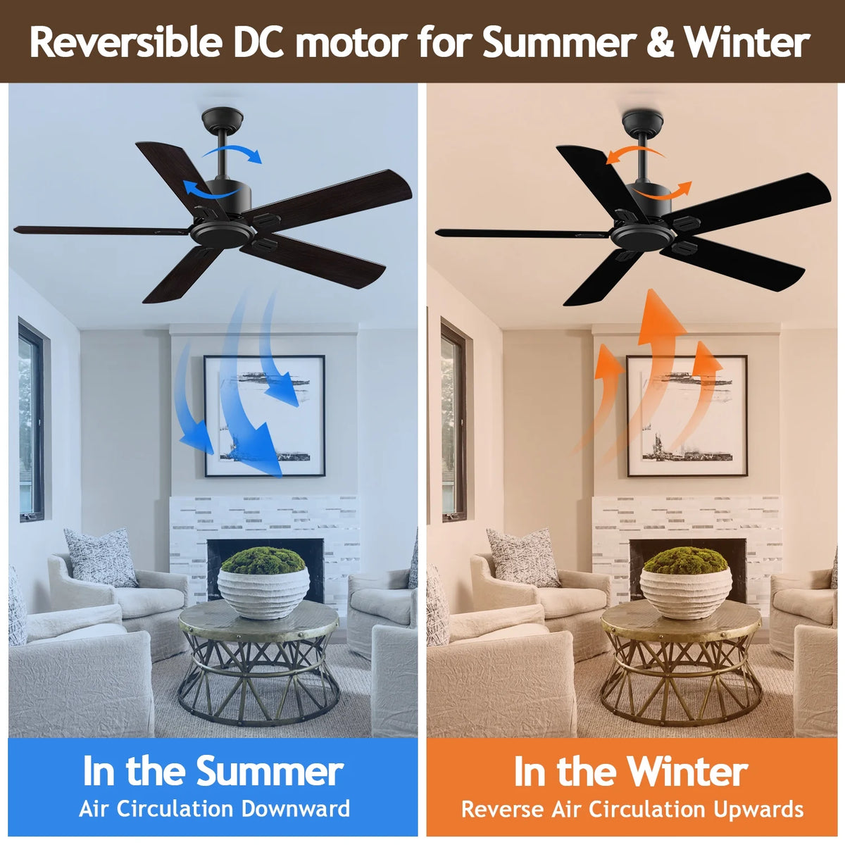 52" Ceiling Fan with Remote Control No Light, 6 Speeds Reversible DC Motor 5 Blades Black/Walnut C2687