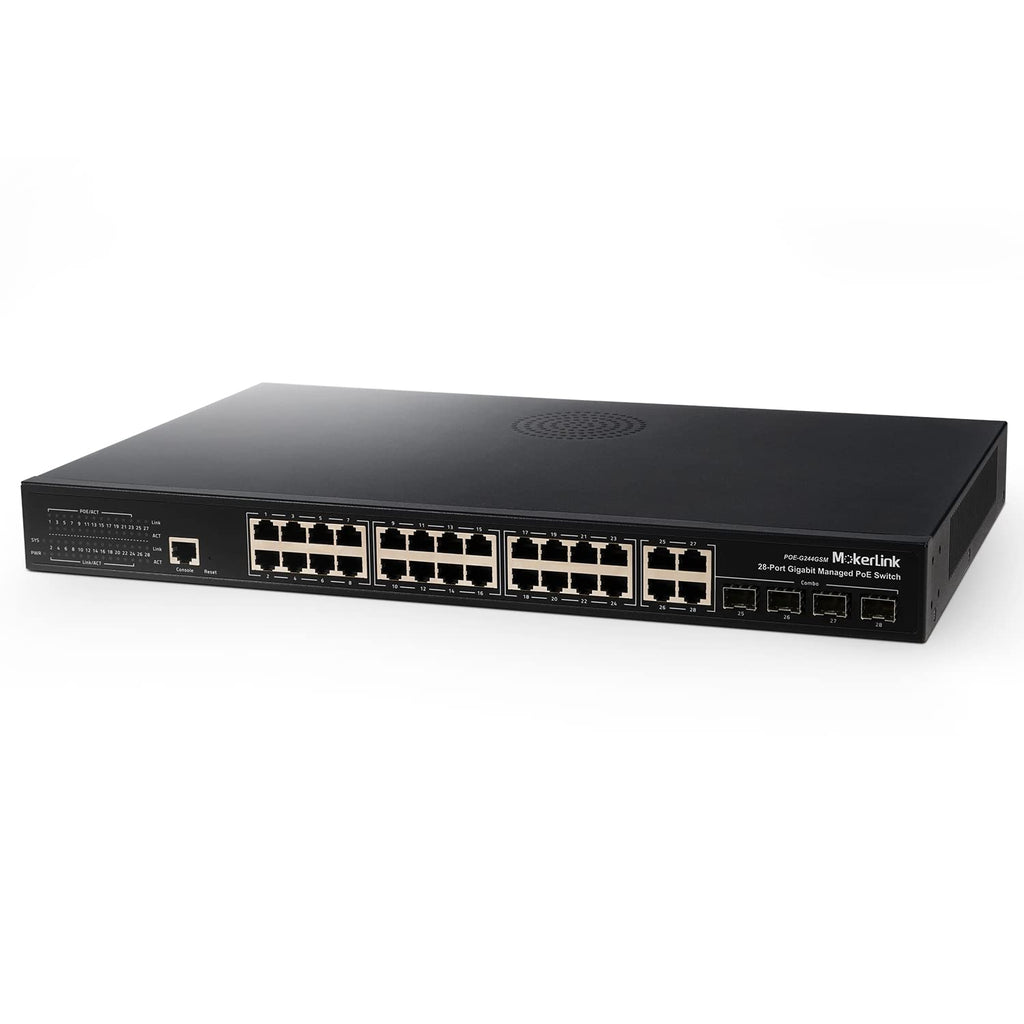28 Port PoE Gigabit Managed Switch, 24 GE PoE Port, 4 GE Uplink, 4 Combo SFP, 300W, L2+ Smart Managed, Rackmount Fanless E255