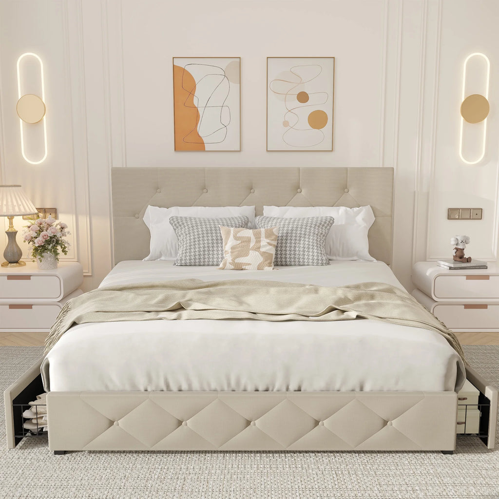 Queen Size Upholstered Storage Bed Frame with 4 Drawers Z655275
