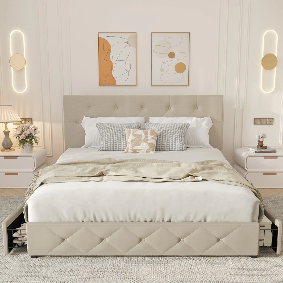 Queen Size Upholstered Storage Bed Frame with 4 Drawers Z655275