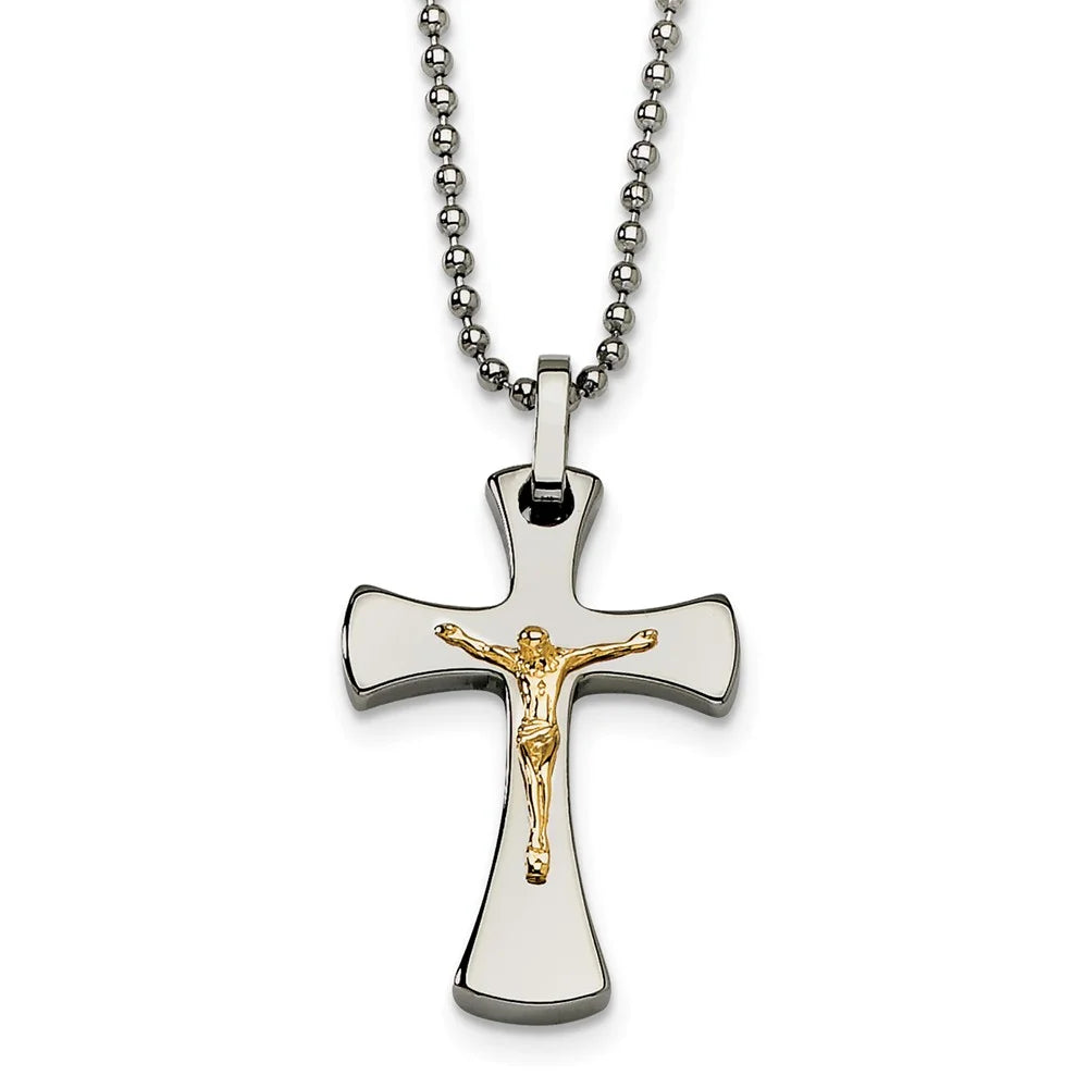 22in Polished Stainless Steel Crucifix Necklace with Real 14kt Gold Accent B480958
