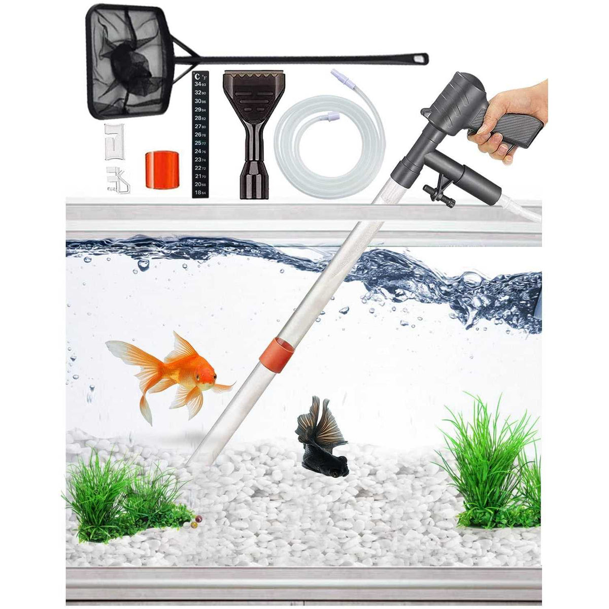 Aquarium Gravel Cleaner Vacuum with Thermometers Fish Net Kit S5285