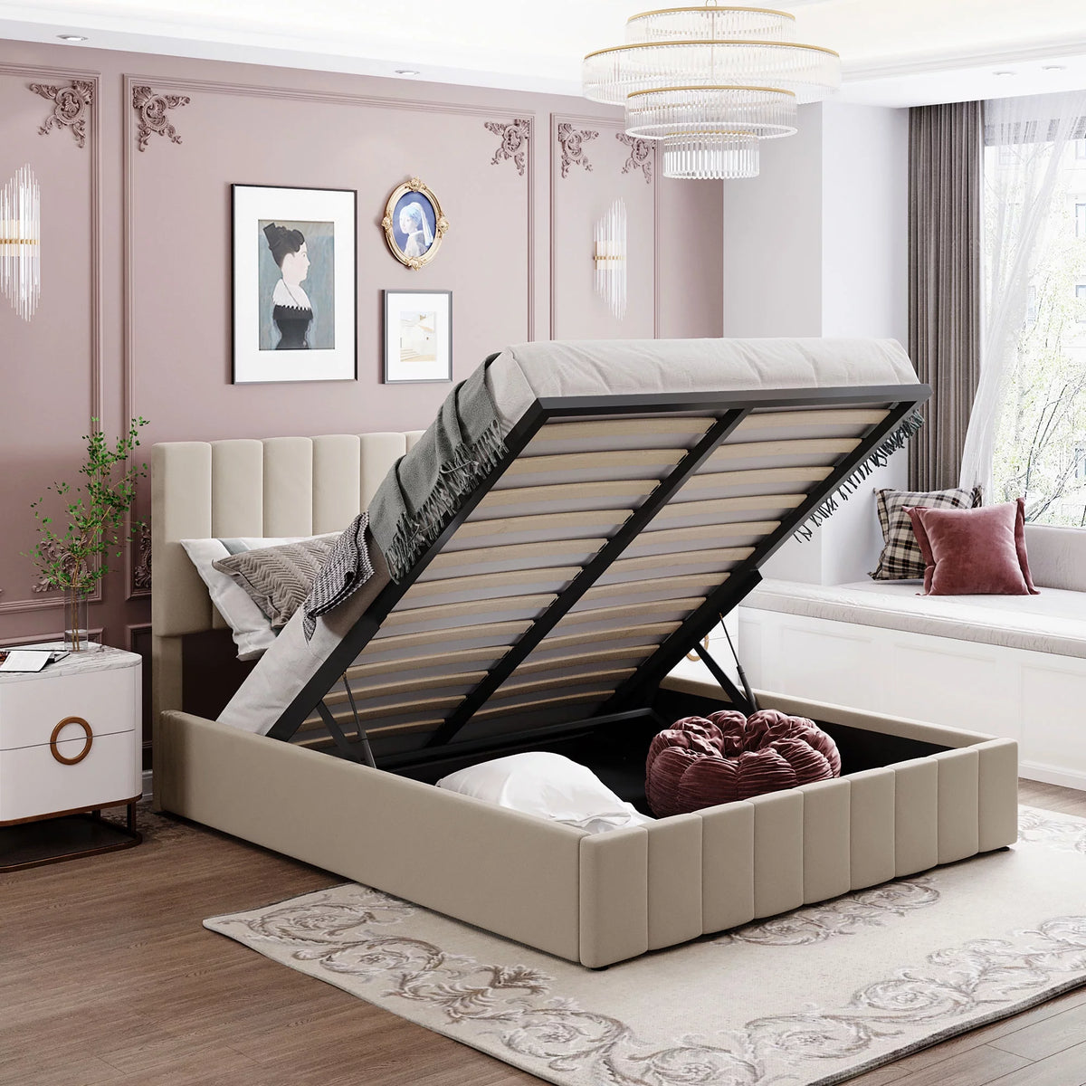 Upholstered Platform Bed Frame with Hydraulic Storage M247