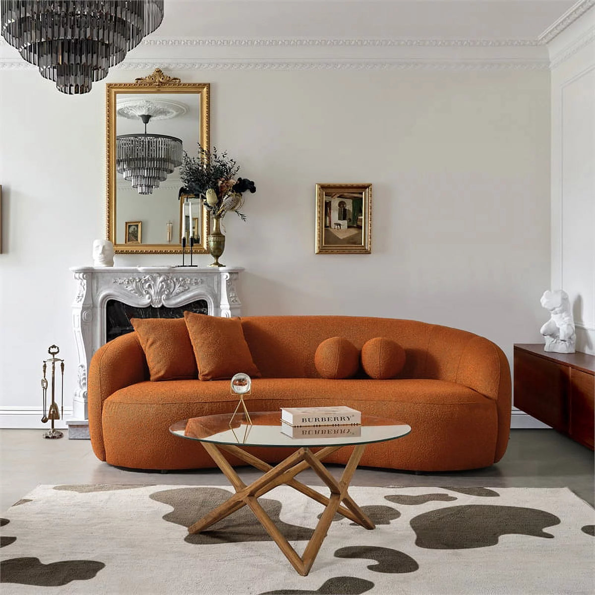 Orange Boucle Fabric Curvy Couch O835