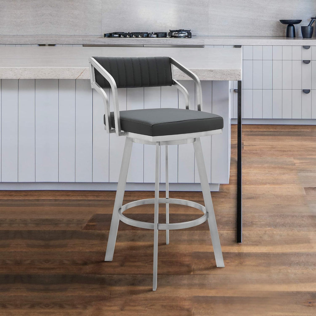 26 Counter Height Swivel Barstool with Black Finish and Slate Grey Faux Leather W118
