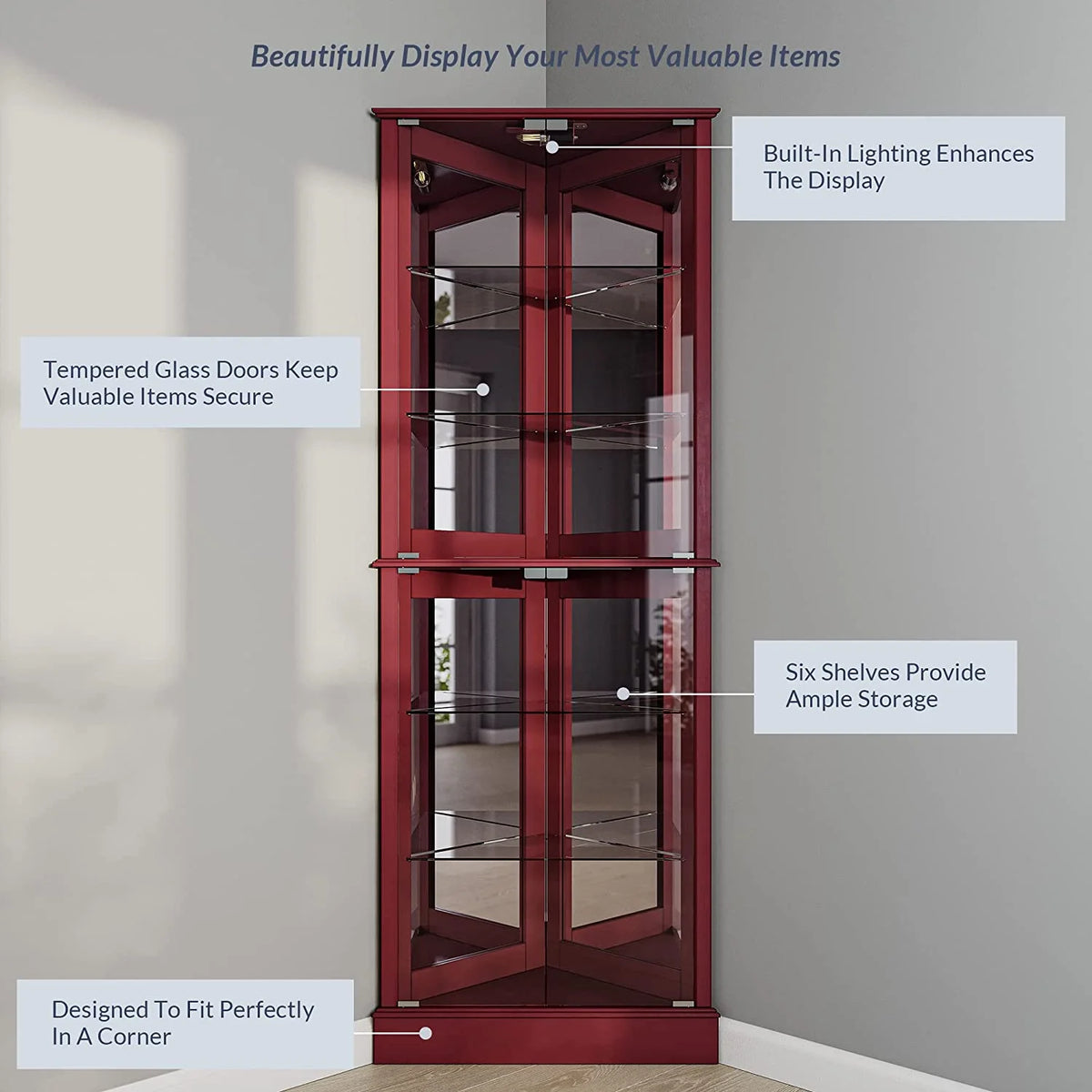 Lighted Corner Curio Cabinet with Tempered Glass Door, 6 Shelves T809230
