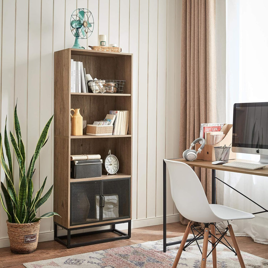 Grey 4-Tier Wood Bookcase with 4 Display Cases N812014