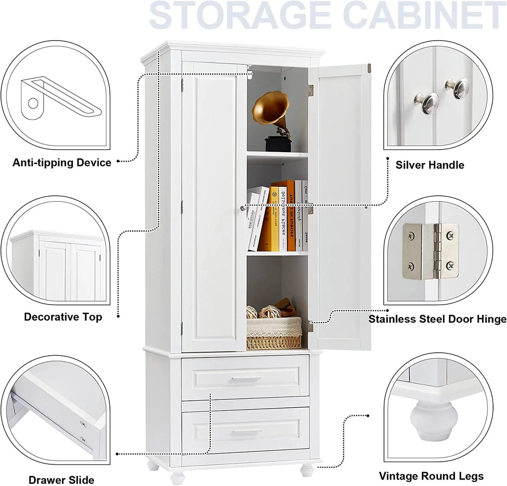 White Storage Cabinet with Doors and 2 Drawers A9203