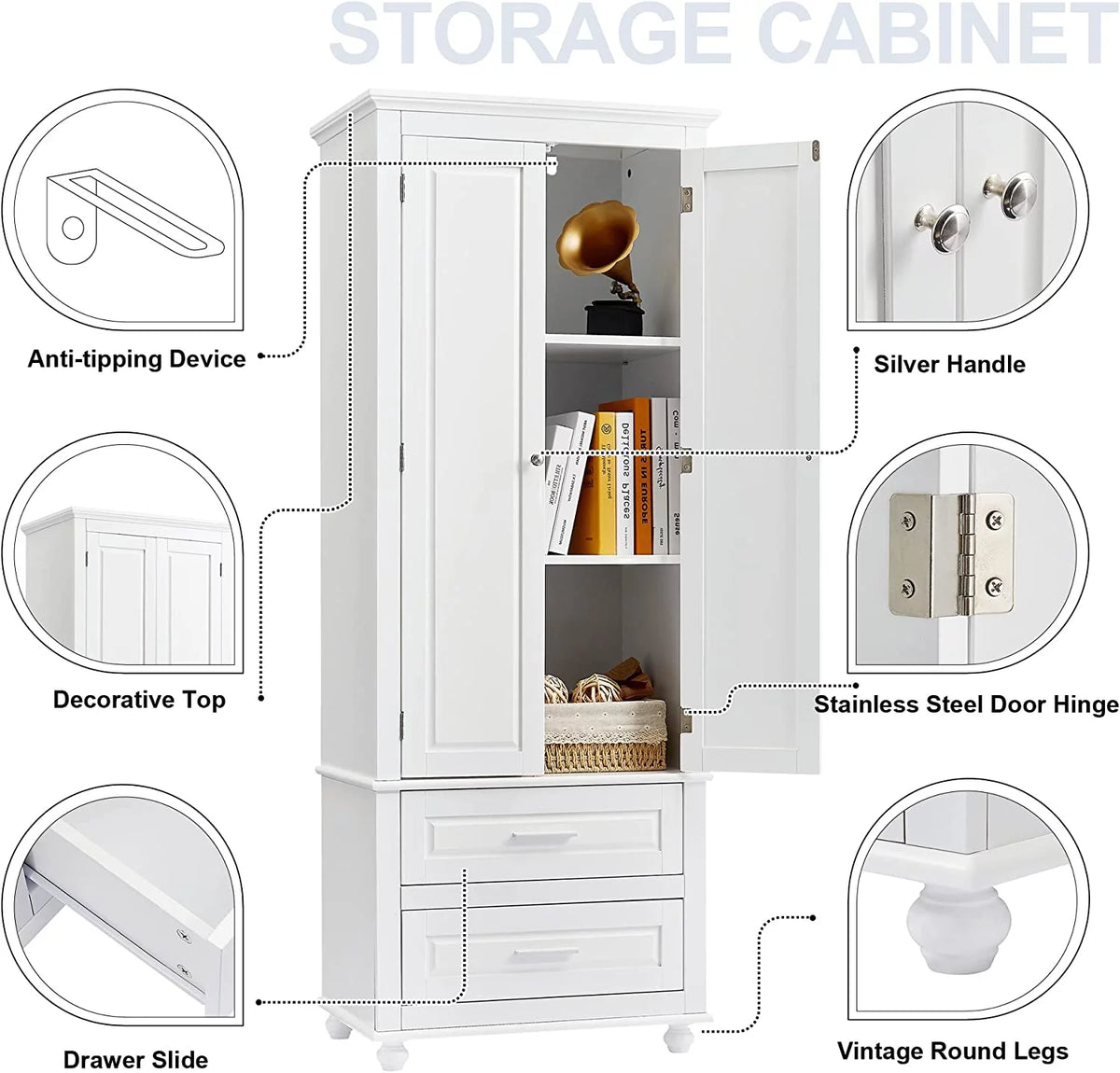 White Storage Cabinet with Doors and 2 Drawers A9203