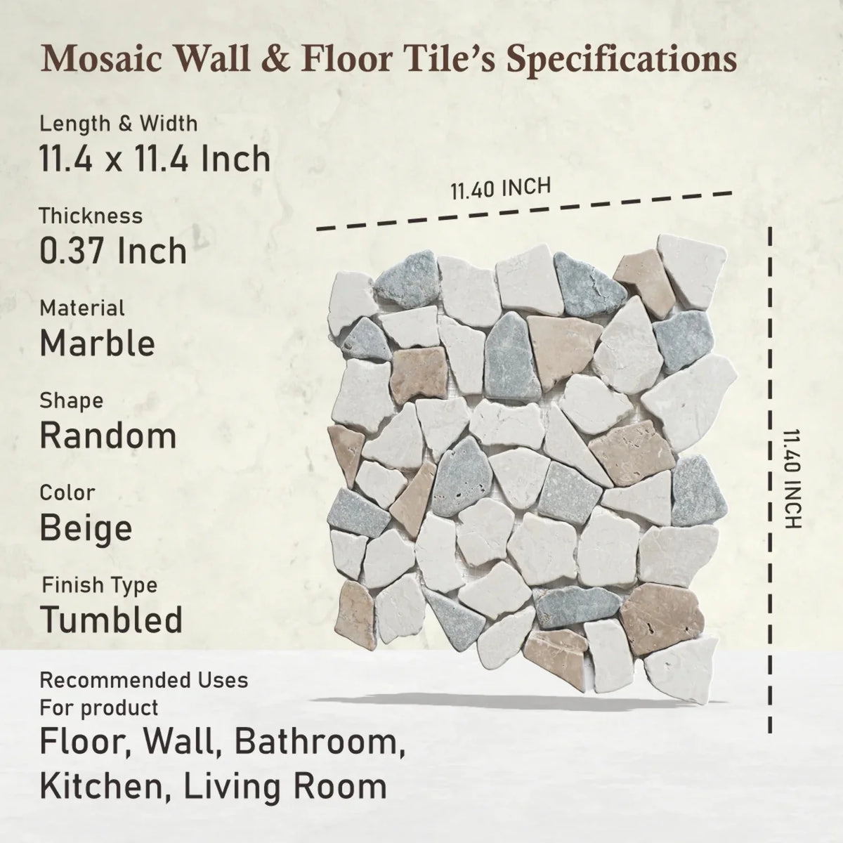 Sea Sand Mosaic Wall & Floor Tile 11.4" X 11.4" 5 tiles per case I54180