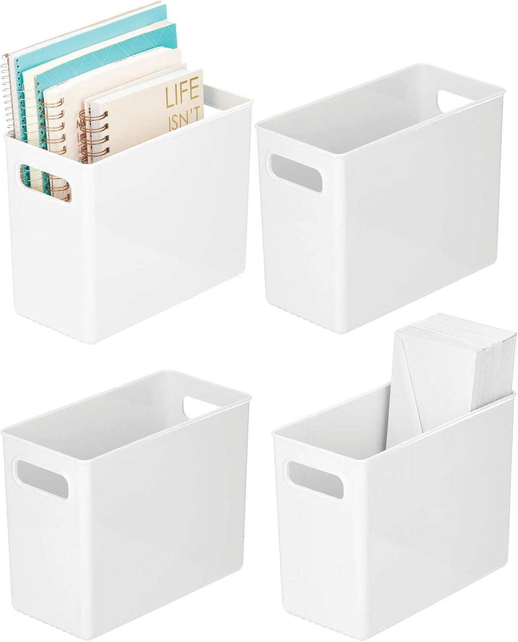 White 4 Pack Stackable Plastic Storage Organizer Bin Basket with Handle I4099
