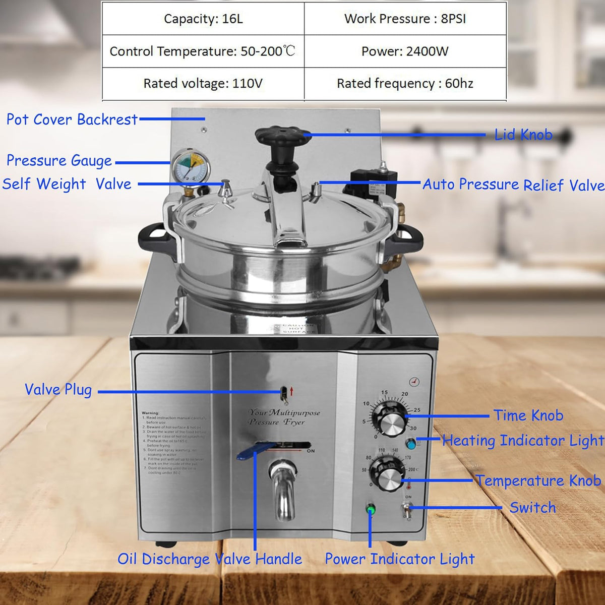 16L Stainless Steel Countertop Pressure Fryer with Timer and Variable Thermostat B363980