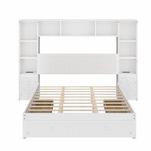 White Full Size Wood Platform Bed with Bookcase Headboard and Drawers J841898