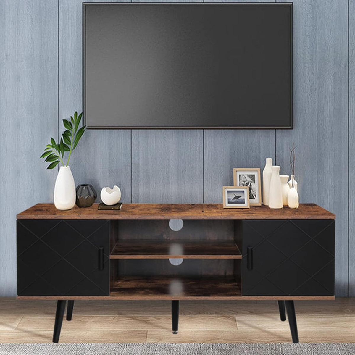 Dark Walnut Retro TV Stand with 2 Cabinet and 2 Shelves J543