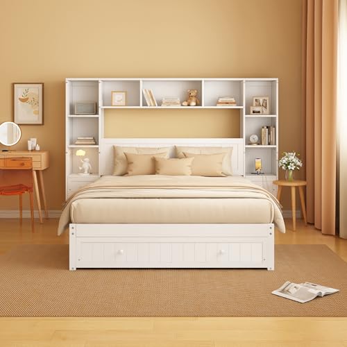 White Full Size Wood Platform Bed with Bookcase Headboard and Drawers J841898