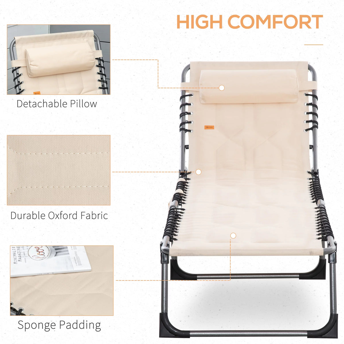 Beige Folding Padded Chaise Lounge Chair with 5-Position Adjustable Backrest Z471