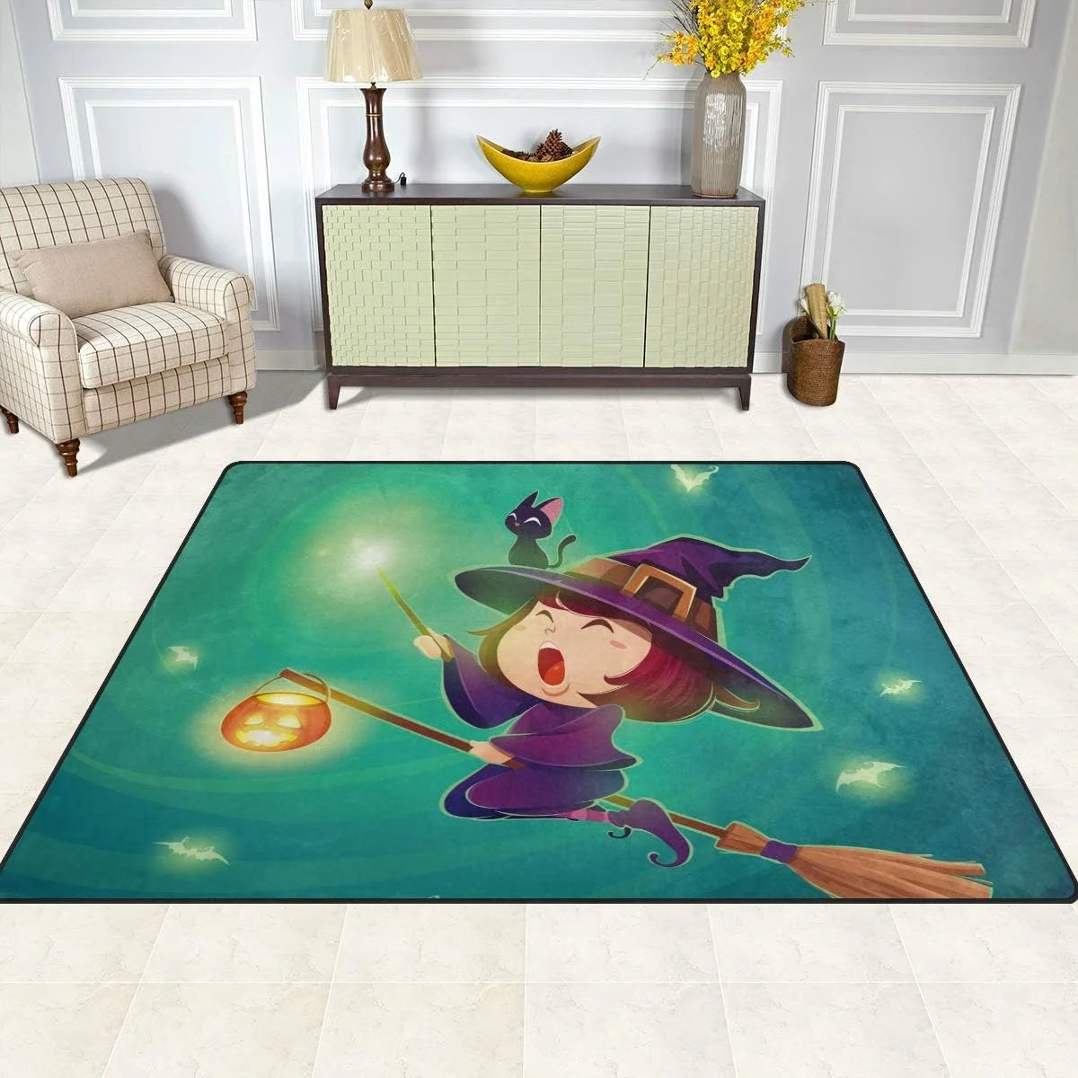 Halloween Flying Little Witch Green Lightweight Carpet Mats Area Soft Rugs Floor Mat Rug A130