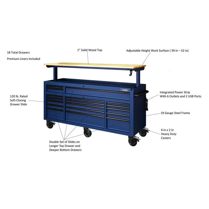 72 in. Heavy Duty Matte Blue Mobile Workbench Cabinet with Solid Wood Top E387058
