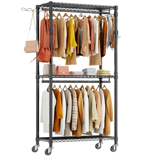 Black Heavy Duty Metal Freestanding Clothing Rack with Shelves & Wheels Y512236