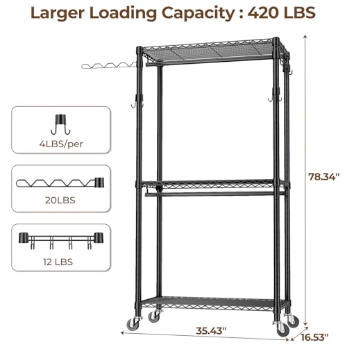 Black Heavy Duty Metal Freestanding Clothing Rack with Shelves & Wheels Y512236