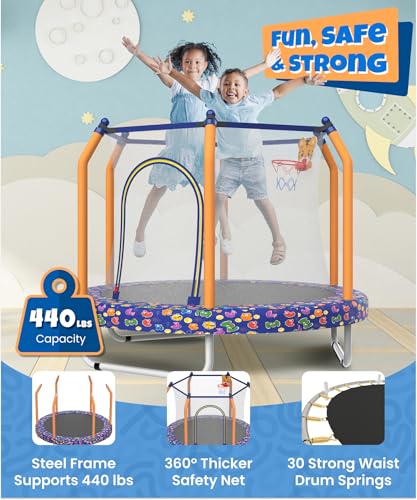 55" Kids Trampoline with Basketball Hoop and Safety Enclosure W746