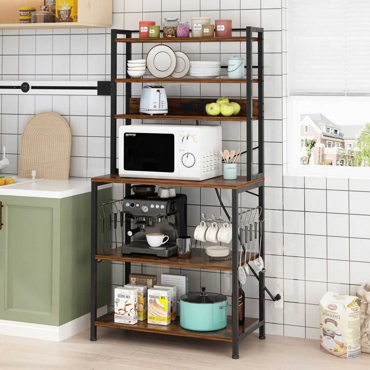 Rustic Brown 6-Tier Bakers Rack with Power Outlets V603194