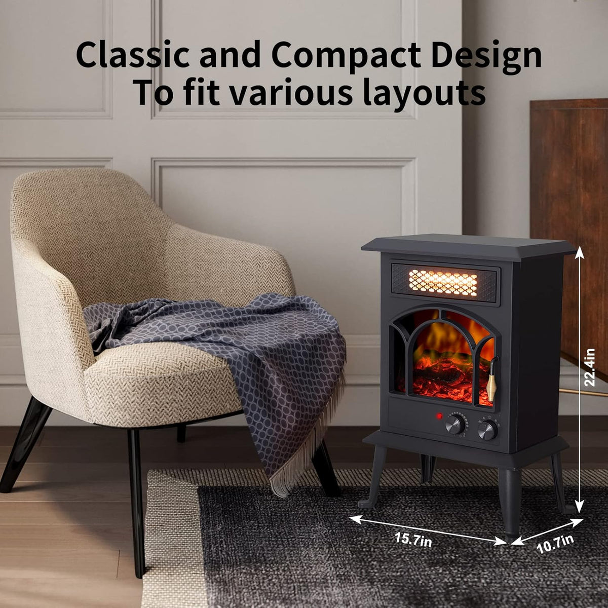 1500W Portable Infrared Electric Fireplace Heater with Realistic Flame Effects O7117