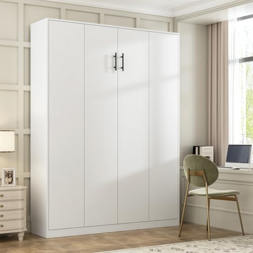 White Queen Size Murphy Wall Bed Cabinet Foldable Platform Bedframe V151774